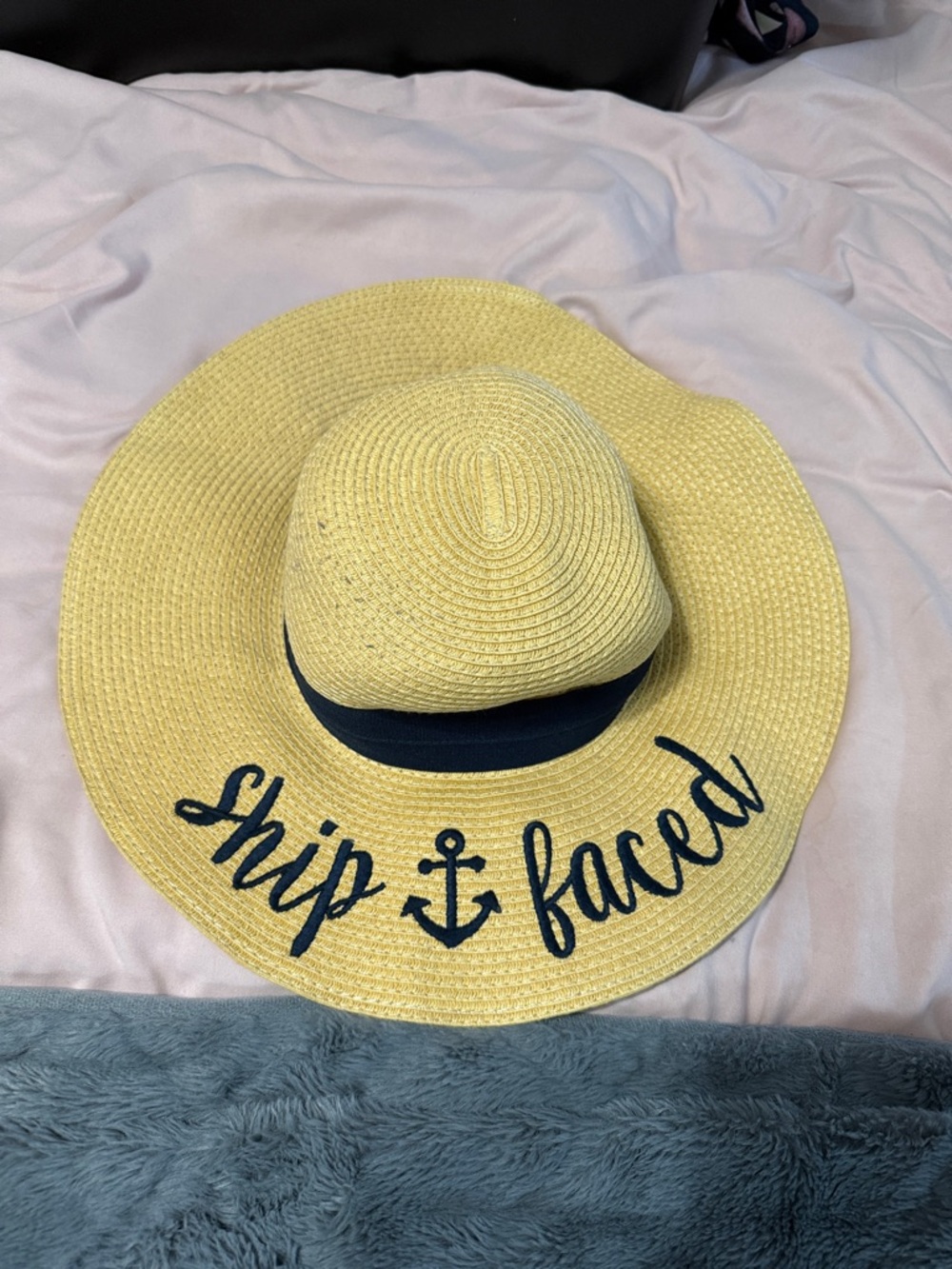 Yellow Straw Sun Hat with Navy Accent - 'Ship Faced'